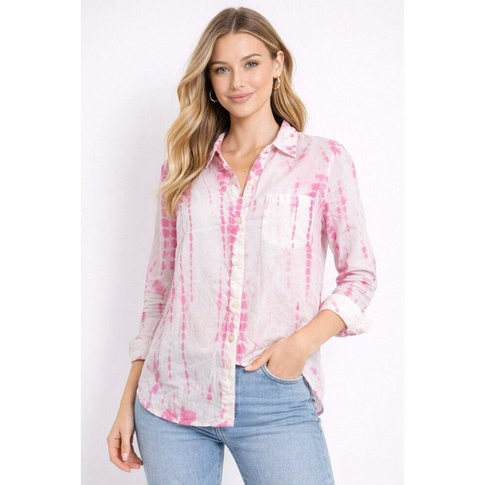 Lucky Brand M Button Down Pink & White Tie Dye shirt with pocket Reg Price $80